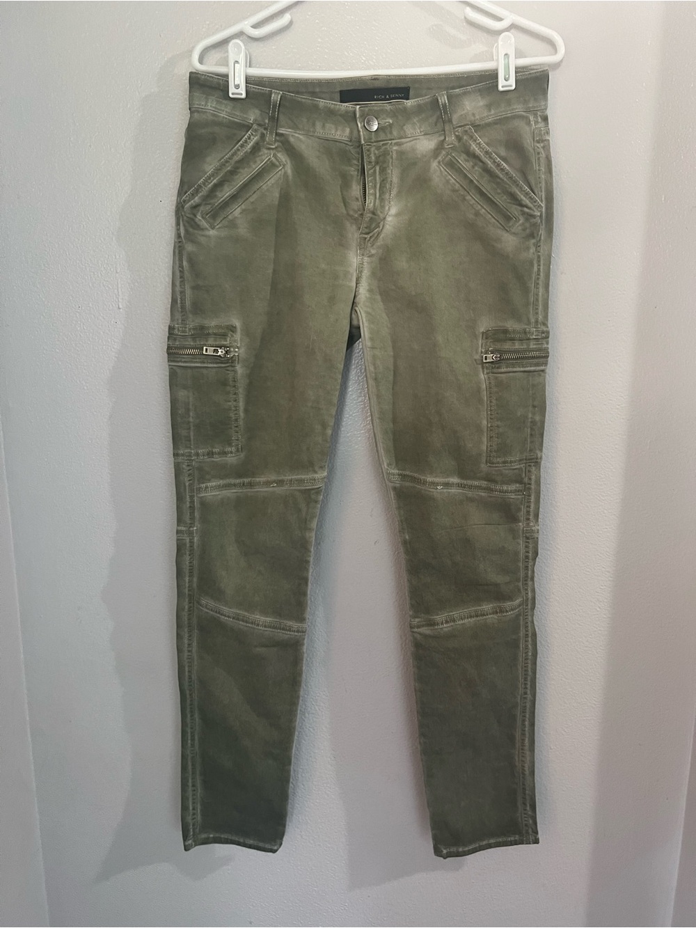 Rich & Skinny Olive Cargo Moto Skinny Pants Utility Stretch Size 30